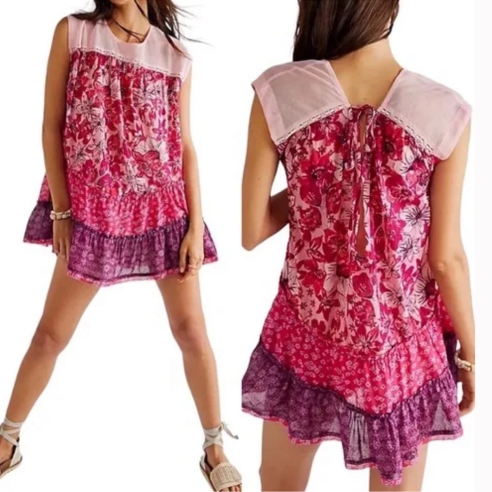 Free People Angelica Purple Pink Floral Print Tiered Mini Dress or Tunic